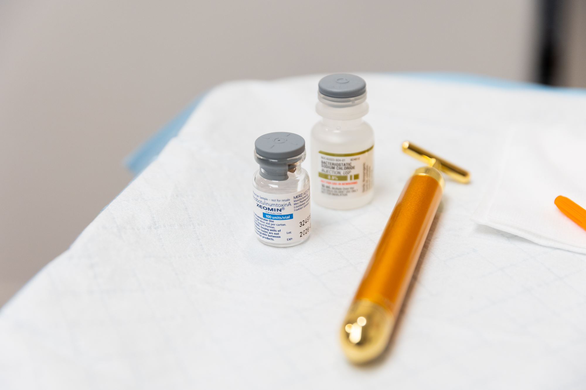 A sterile table is prepared with the implements used to administer Xeomin in Beloit.