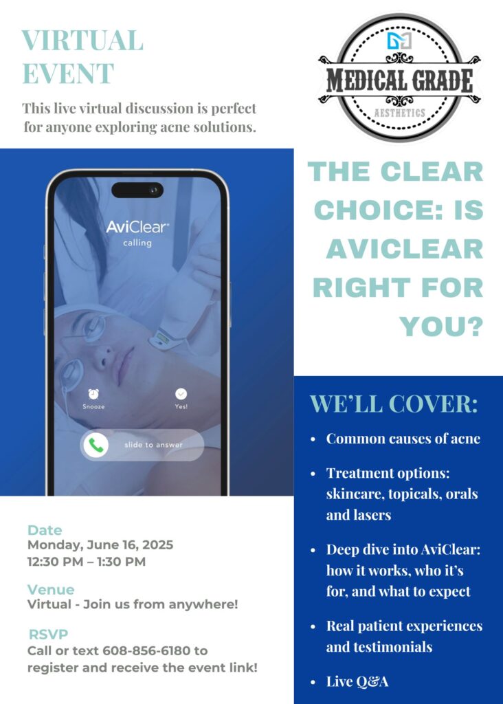 A flyer from Medical Grade Aesthetics for their educational event talking about AviClear in Janesville.